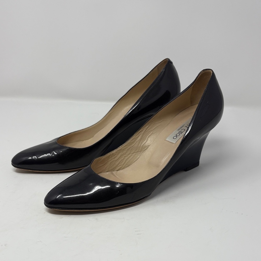 Jimmy Choo Black Navy Patent Leather Gilbert Wedge Pumps Size 42 0068